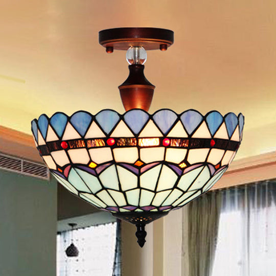 Baroque Style Stained Glass Semi Flush Light In Blue - 12’/16’ Width Perfect For Dining Room / 12’