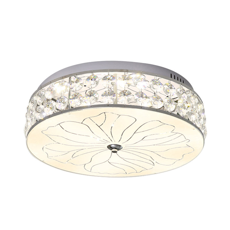 Nickel Led Round Flushmount Crystal Ceiling Light Fixture With Opal Glass Diffuser - Modern And