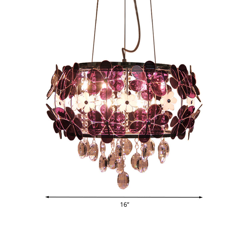 Modernist Floral Acrylic Flushmount Ceiling Light With Crystal Drop - 5 Heads White/Purple