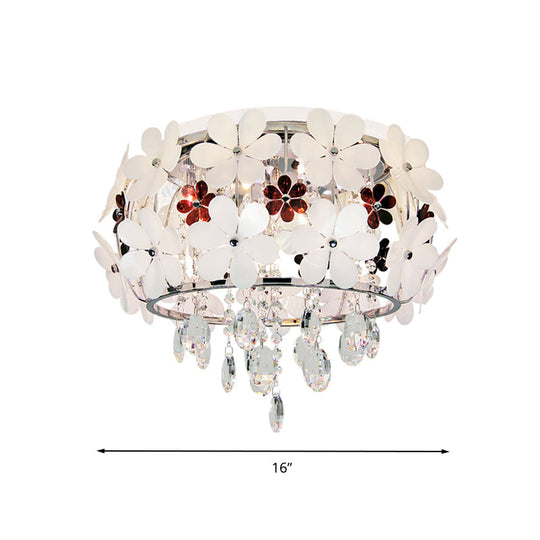 Modernist Floral Acrylic Flushmount Ceiling Light With Crystal Drop - 5 Heads White/Purple