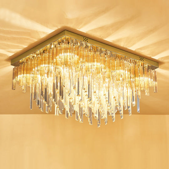 Modern 9 - Light Clear Crystal Flush Mount Ceiling Light With Tiered Design And Rectangle Canopy