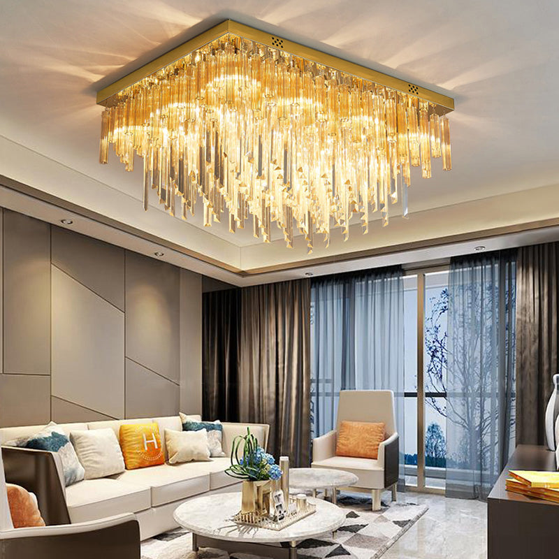 Modern 9-Light Clear Crystal Flush Mount Ceiling Light With Tiered Design And Rectangle Canopy