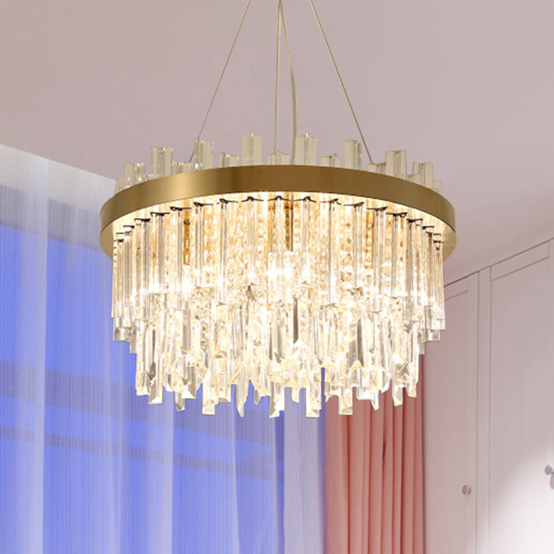 Faceted Crystal Cylinder Chandelier - Contemporary Gold Ceiling Light With 6 Bulbs