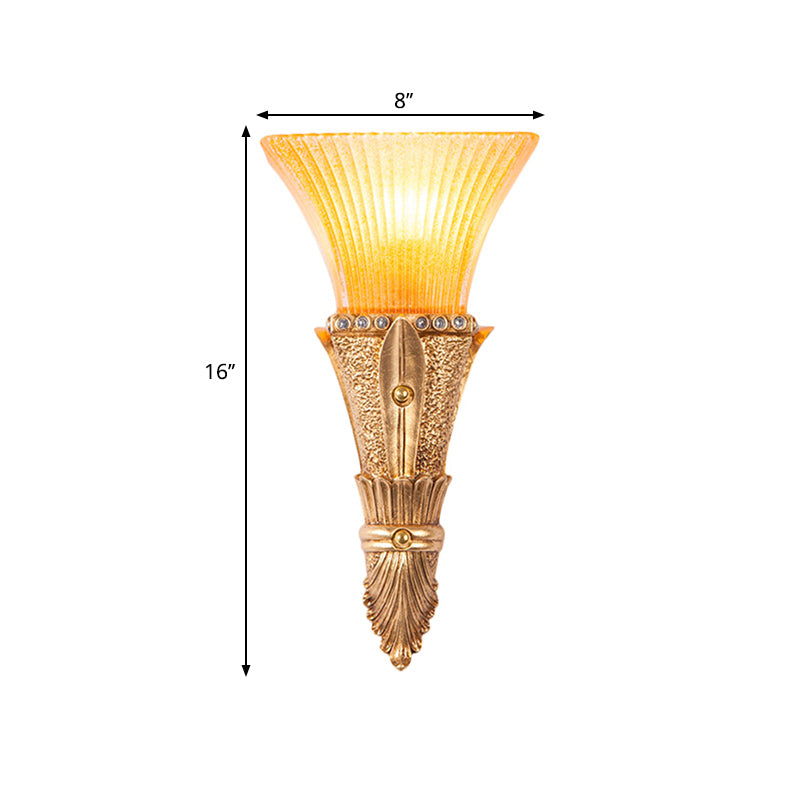 Flared Wall Mount Light: Traditional 1-Light Orange Glass & Resin Sconce In Gold For Corridor