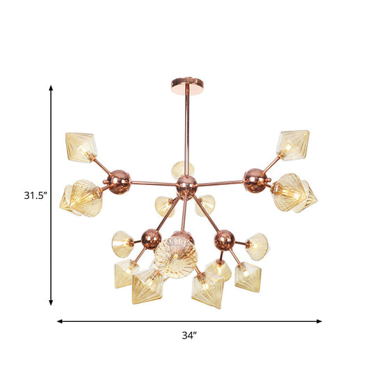 Diamond Farmhouse Chandelier Lamp - Amber/Clear Glass 3/9/12 Lights Hangs 13/27.5/34 Wide