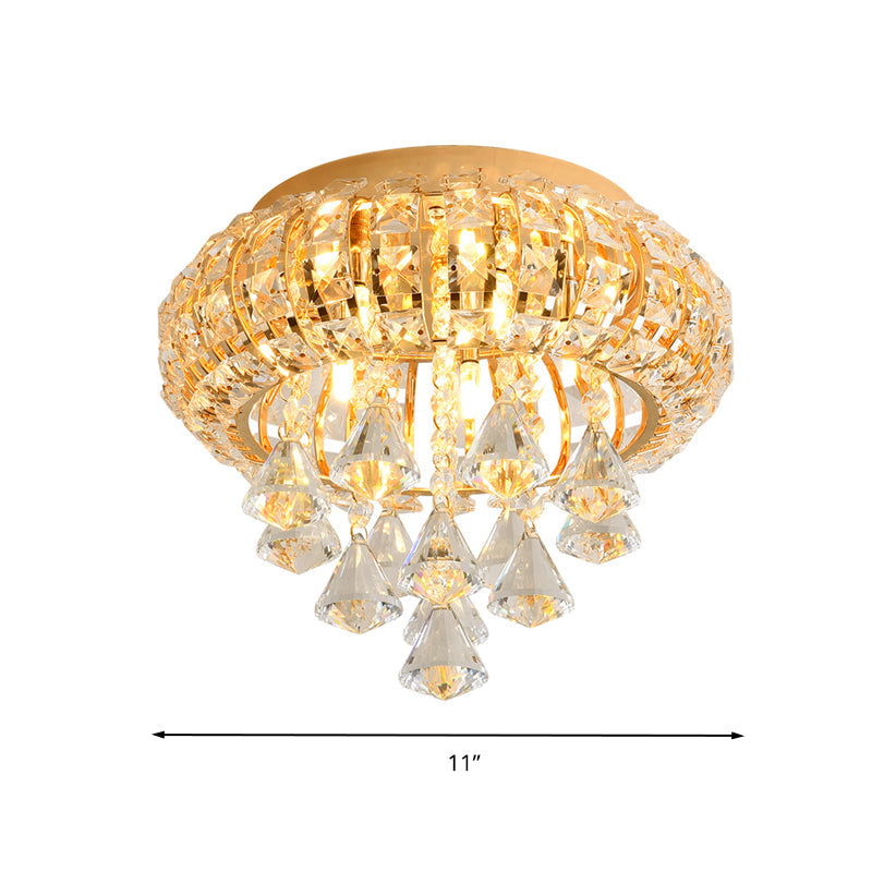 Gold Modern Round Ceiling Light With 5 Hand-Cut Crystal Heads - Flush Mount Lamp For Foyer
