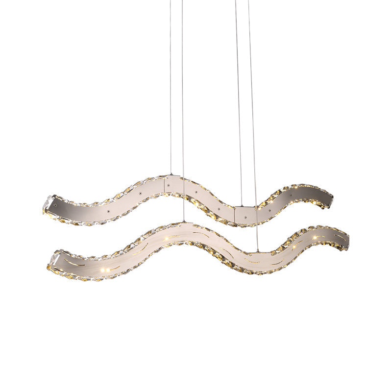 Chrome Crystal 2-Tier Led Chandelier For Dining Room - Modernist Hanging Ceiling Lamp