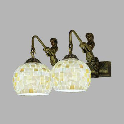 Mediterranean Mosaic Shell Sconce Light Fixture With 2 Lights - Beige/White-Yellow/Yellow-Blue Wall