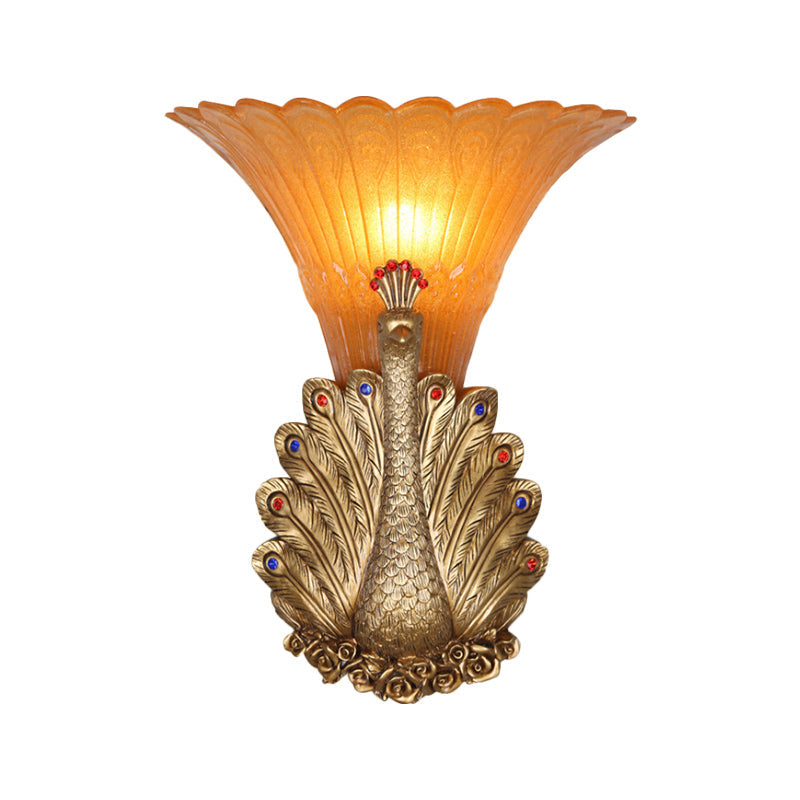 Rustic Style Peacock Wall Mount Lamp - 1 Light Red/Gold Resin With Orange Glass Scalloped Shade