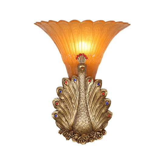 Rustic Style Peacock Wall Mount Lamp - 1 Light Red/Gold Resin With Orange Glass Scalloped Shade