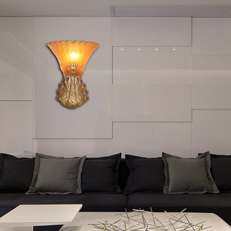 Rustic Style Peacock Wall Mount Lamp - 1 Light Red/Gold Resin With Orange Glass Scalloped Shade