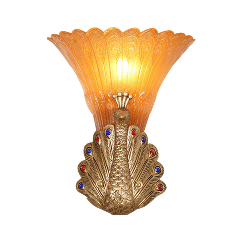 Rustic Style Peacock Wall Mount Lamp - 1 Light Red/Gold Resin With Orange Glass Scalloped Shade