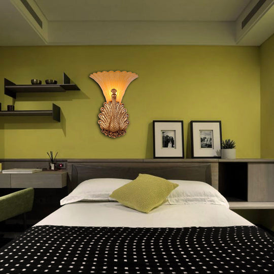 Rustic Style Peacock Wall Mount Lamp - 1 Light Red/Gold Resin With Orange Glass Scalloped Shade