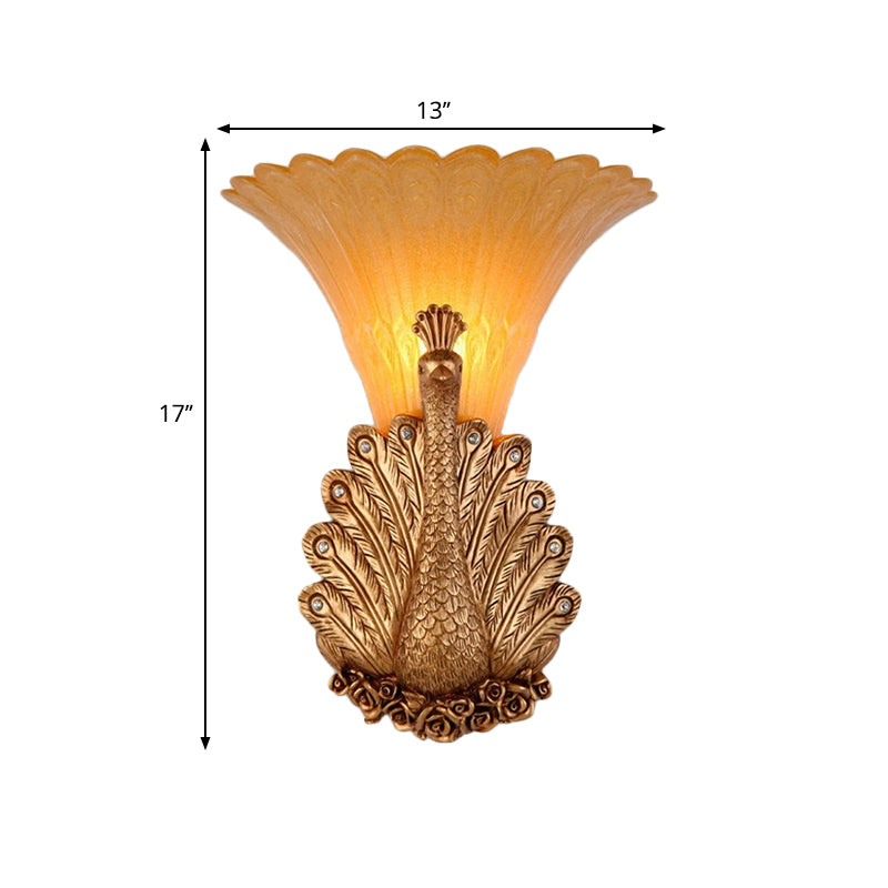 Rustic Style Peacock Wall Mount Lamp - 1 Light Red/Gold Resin With Orange Glass Scalloped Shade
