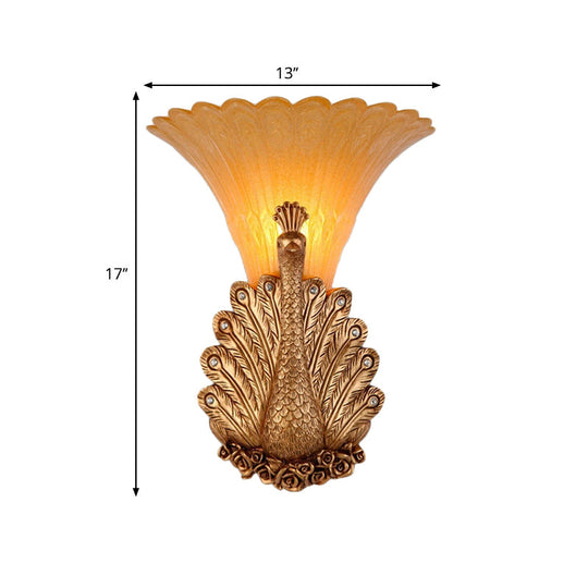 Rustic Style Peacock Wall Mount Lamp - 1 Light Red/Gold Resin With Orange Glass Scalloped Shade