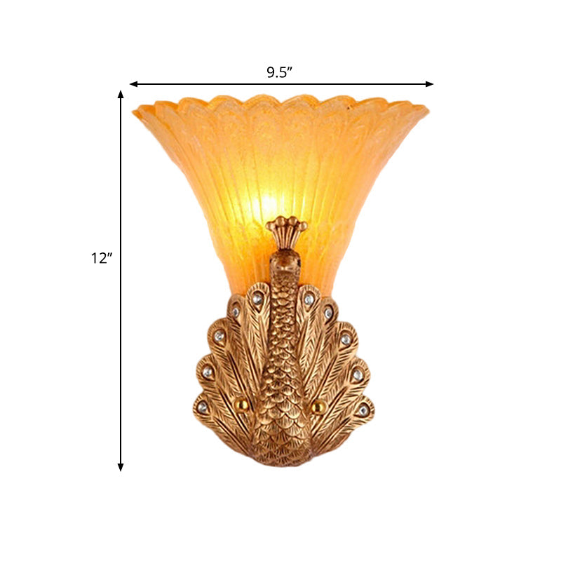 Rustic Style Peacock Wall Mount Lamp - 1 Light Red/Gold Resin With Orange Glass Scalloped Shade
