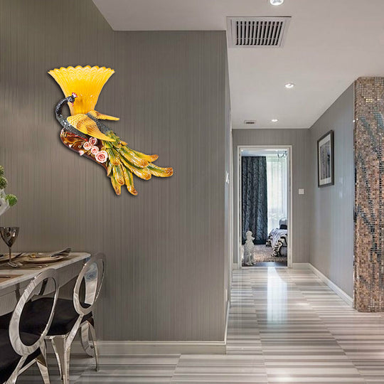 Modern Scalloped Wall Mount Yellow Glass Lamp With Peacock Design For Bedroom - Left/Right Option