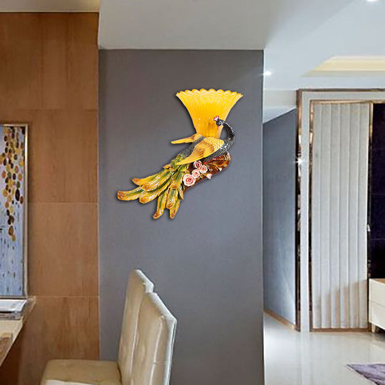 Modern Scalloped Wall Mount Yellow Glass Lamp With Peacock Design For Bedroom - Left/Right Option
