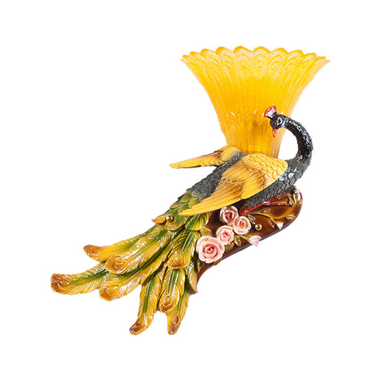 Modern Scalloped Wall Mount Yellow Glass Lamp With Peacock Design For Bedroom - Left/Right Option