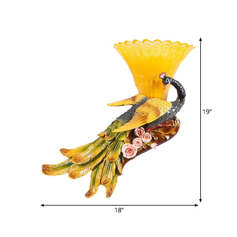 Modern Scalloped Wall Mount Yellow Glass Lamp With Peacock Design For Bedroom - Left/Right Option