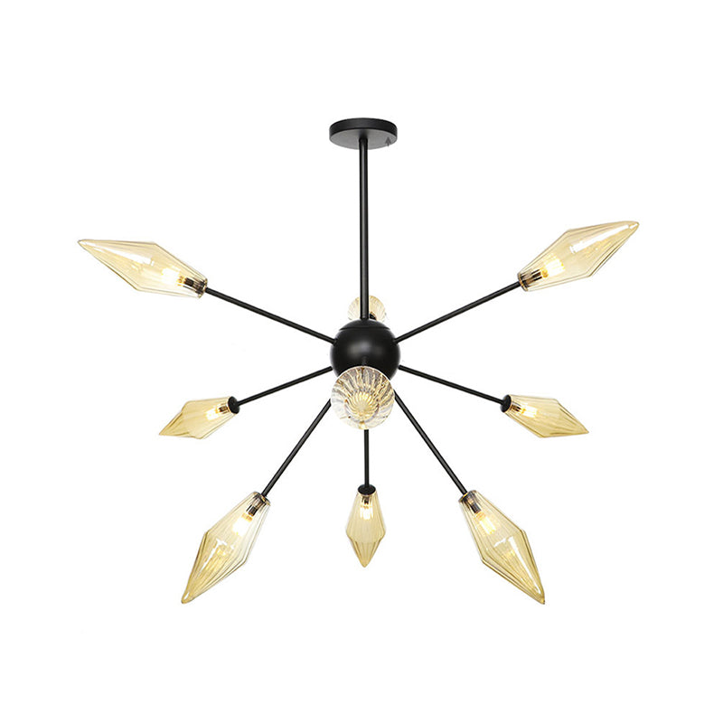 Mid-Century Diamond Shade Chandelier - Amber/Clear Ribbed Glass 9/12/15 Lights Living Room Pendant