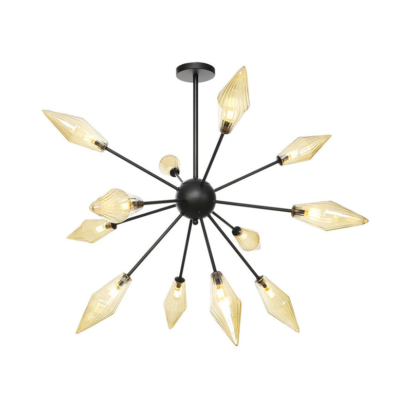 Mid-Century Diamond Shade Chandelier - Amber/Clear Ribbed Glass 9/12/15 Lights Living Room Pendant