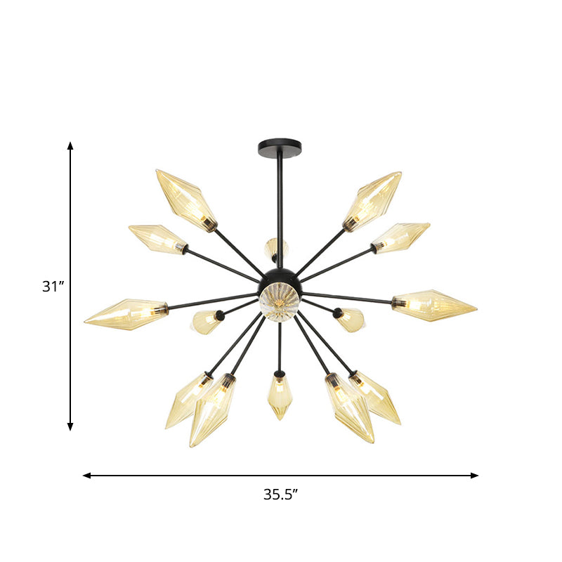 Mid-Century Diamond Shade Chandelier - Amber/Clear Ribbed Glass 9/12/15 Lights Living Room Pendant