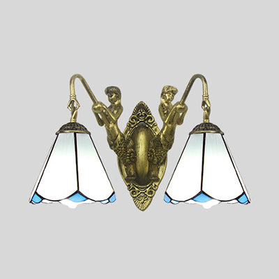 Tiffany Style Wall Sconce With Flared White/Beige Glass And Mermaid Backplate - 2 Light