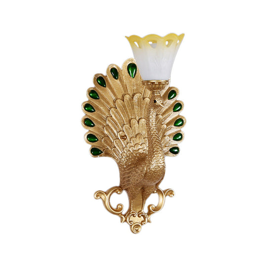 Peacock Wall Sconce With White And Yellow Glass Shade - Traditional 1 Bulb Light Fixture