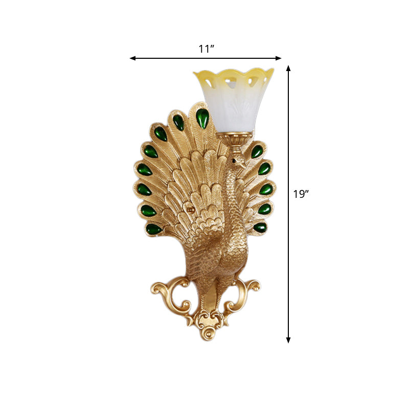 Peacock Wall Sconce With White And Yellow Glass Shade - Traditional 1 Bulb Light Fixture