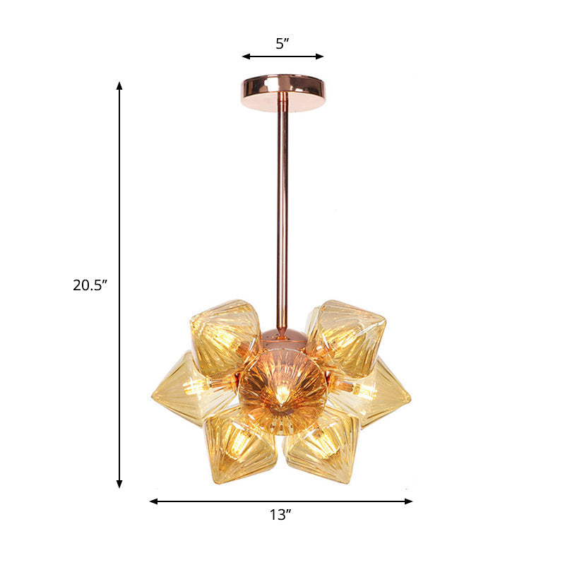 Stylish Farmhouse Chandelier Lamp: Diamond Amber/Clear Glass 9/12 Heads Copper/Gold Finish