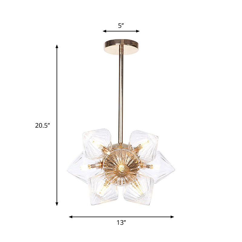 Stylish Farmhouse Chandelier Lamp: Diamond Amber/Clear Glass 9/12 Heads Copper/Gold Finish
