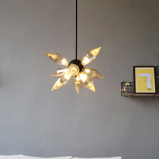 Industrial Amber/Clear Ribbed Glass Pendant Lighting With Starburst Design - 9/12/15 Heads Bedroom