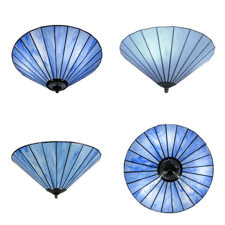Tiffany-Style Cone Flush Mount Ceiling Light In Blue/White For Bedroom