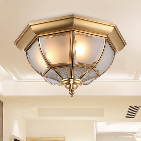 Faceted Clear Glass Dining Room Flush Lamp Traditional Brass Finish Ceiling Lighting - 14/18 Width