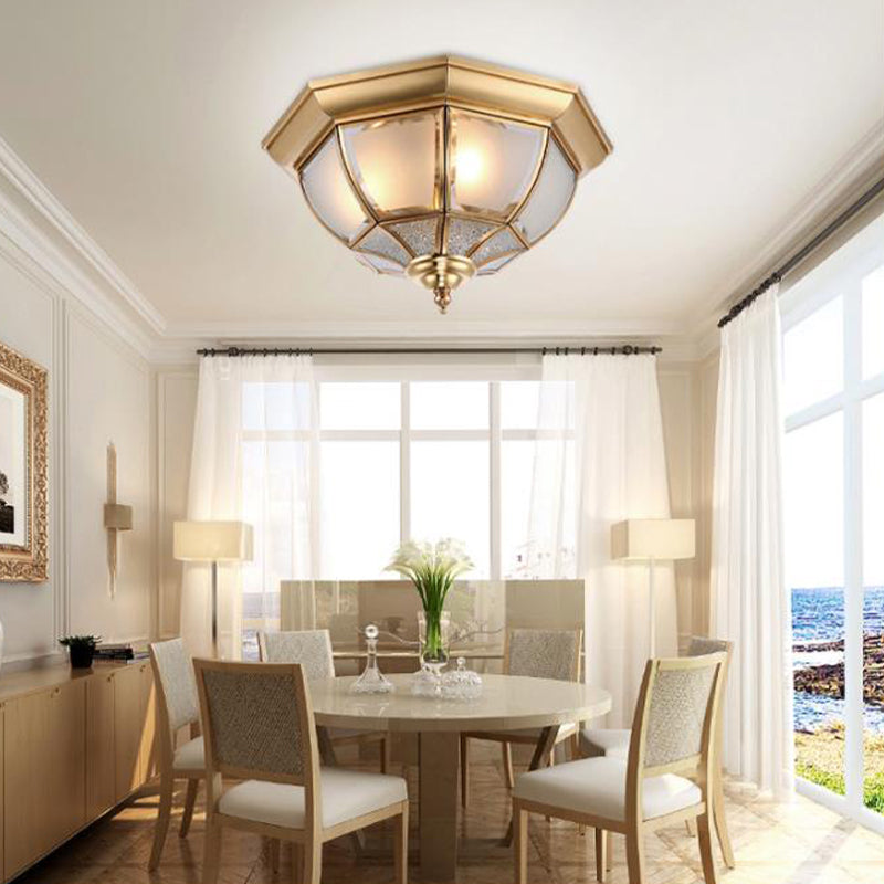 Faceted Clear Glass Dining Room Flush Lamp Traditional Brass Finish Ceiling Lighting - 14/18 Width