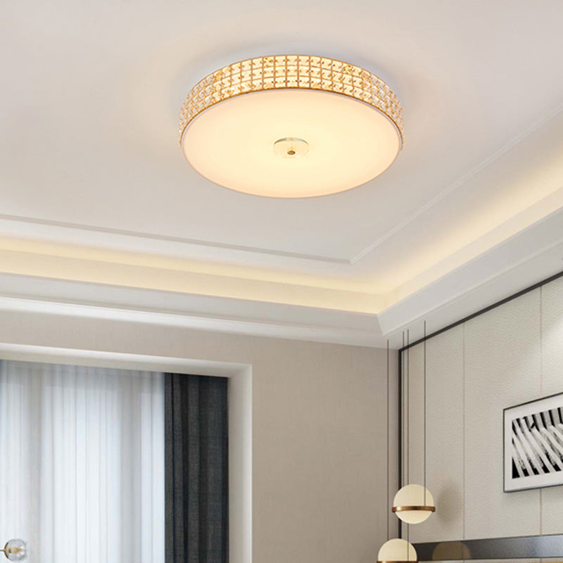 Minimalist Silver K9 Crystal Drum Flush Mount Led Ceiling Light - Perfect For Bedroom