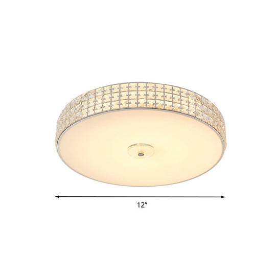 Minimalist Silver K9 Crystal Drum Flush Mount Led Ceiling Light - Perfect For Bedroom 12/16/19.5