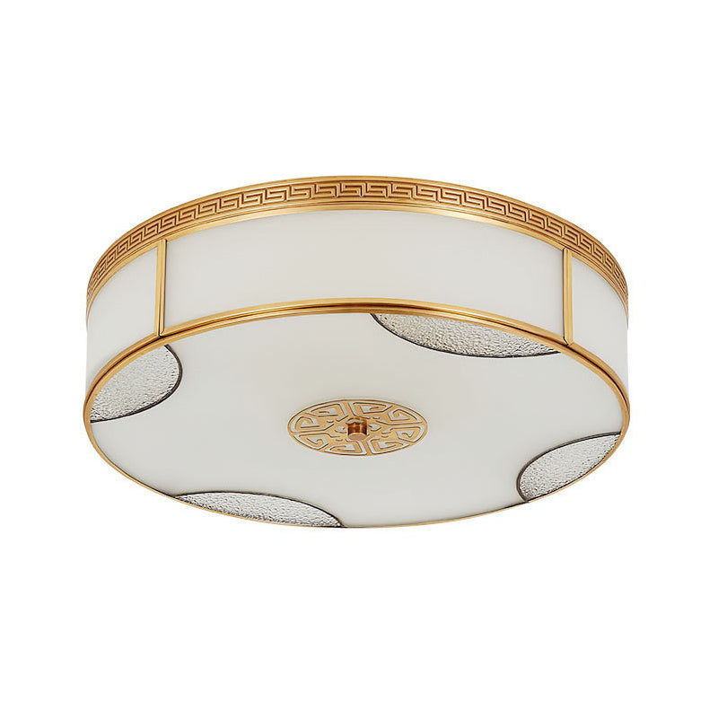 Chinese Style Drum Ceiling Light - 14’/18’/21.5’ W 3/4/6 - Light Matte White Glass Brass Flushmount