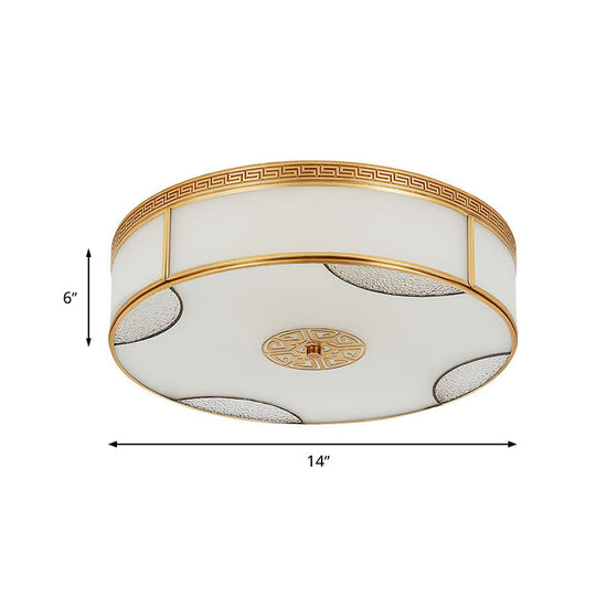 Chinese Style Drum Ceiling Light - 14’/18’/21.5’ W 3/4/6 - Light Matte White Glass Brass Flushmount