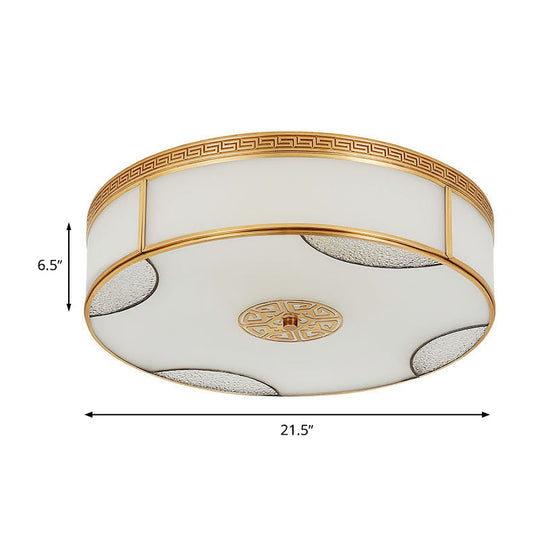 Chinese Style Drum Ceiling Light - 14’/18’/21.5’ W 3/4/6 - Light Matte White Glass Brass Flushmount