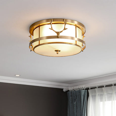 Vintage 4-Light Brass Antler Ceiling Lamp With Opal Glass Shade
