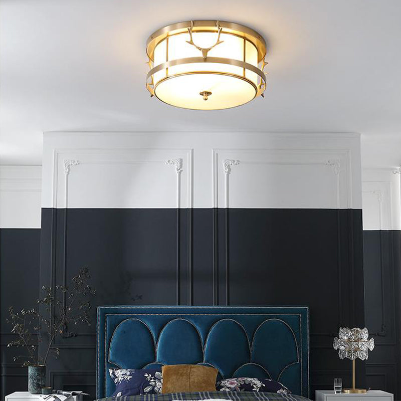 Vintage 4 - Light Brass Antler Ceiling Lamp With Opal Glass Shade