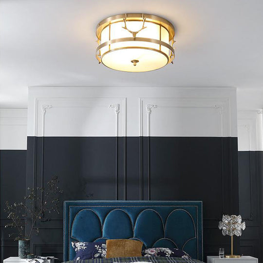 Vintage 4 - Light Brass Antler Ceiling Lamp With Opal Glass Shade