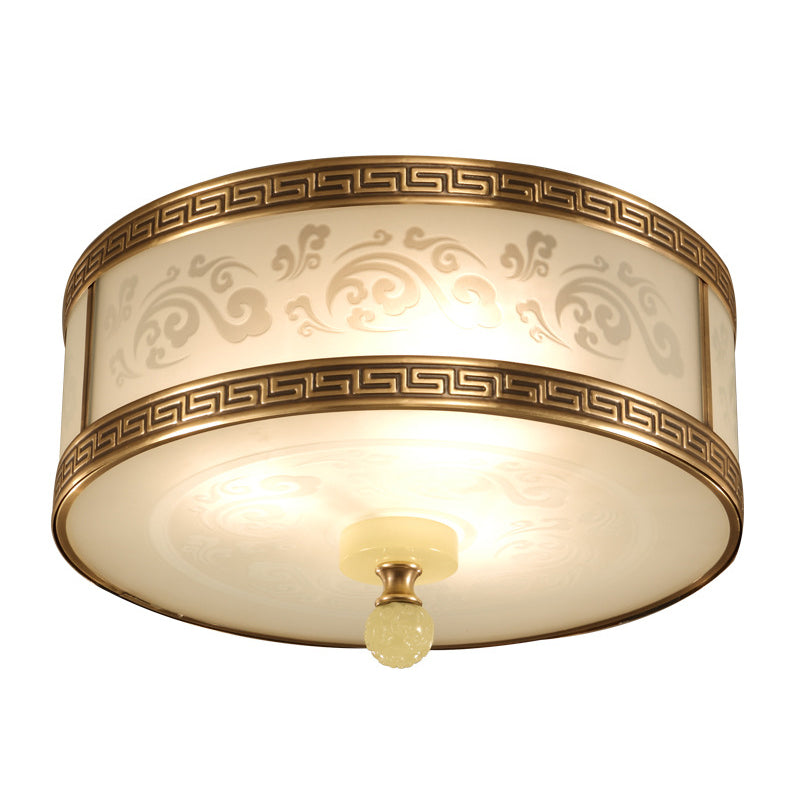 Chinese Style Brass Finish Flush Ceiling Mount Light With Frosted Glass - 2/3/4 Lights Drum Shape