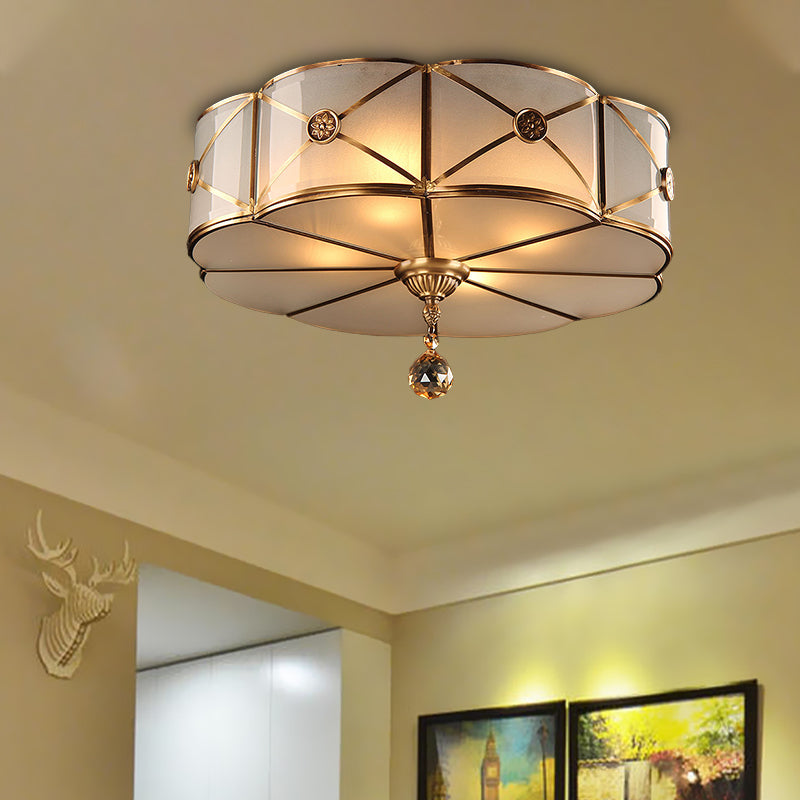 Retro Style Brass Finish Floral Flush Ceiling Lamp - 14/18 Opal White Glass Crystal Drop / 14