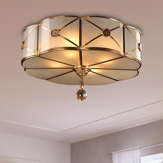 Retro Style Brass Finish Floral Flush Ceiling Lamp - 14/18 Opal White Glass Crystal Drop