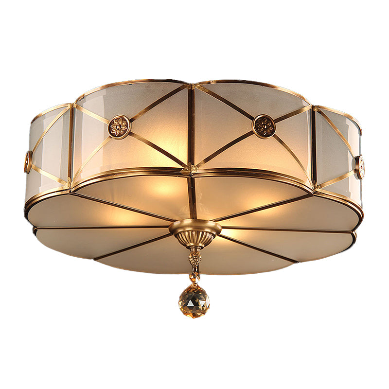 Retro Style Brass Finish Floral Flush Ceiling Lamp - 14’/18’ Opal White Glass Crystal Drop