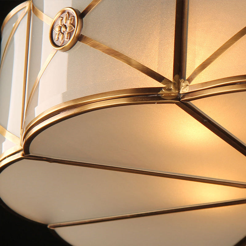 Retro Style Brass Finish Floral Flush Ceiling Lamp - 14’/18’ Opal White Glass Crystal Drop