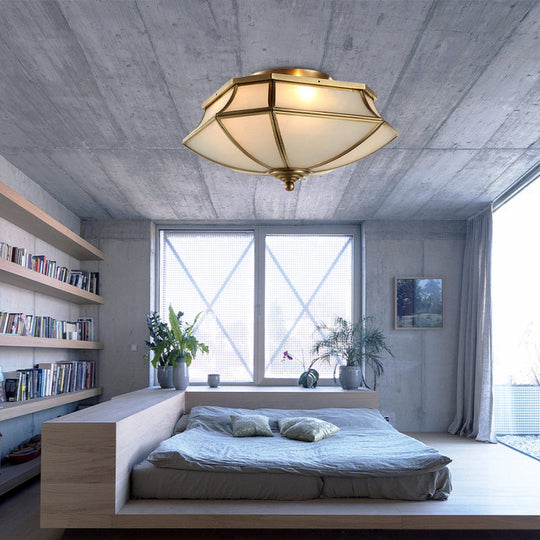 Classic Brass Beveled Ceiling Lamp With Opal Glass Shade - 3 - Light Flush Mount